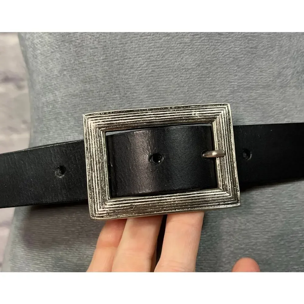 Vintage Linea Pelle Classic Black Leather Belt with Unique Rectangular Buckle